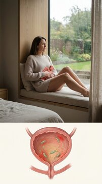Bladder infection symptom: urinary tract, bacterial invade, bladder inflammation, pelvic ache, woman suffer, body malaise, discomfort experience, pain relief, urology problem, internal discomfort.
