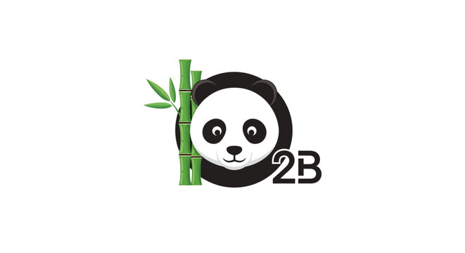 Cute Panda Bear with Bamboo and "2B" text, cartoon style, isolated on white background.
