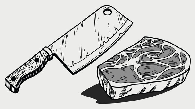 Hand drawn butcher cleaver and raw meat steak