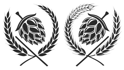 Obraz premium Set of hop cones and wheat ears, vector illustration, brewing industry design elements, beer ingredients icons