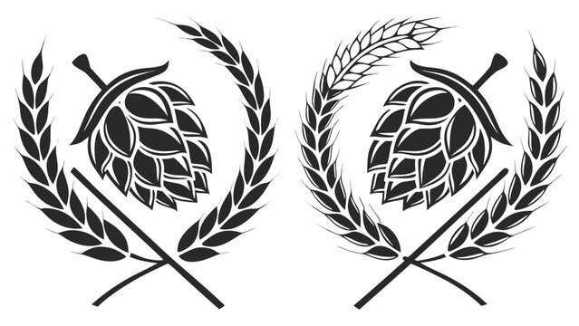 Set of hop cones and wheat ears, vector illustration, brewing industry design elements, beer ingredients icons