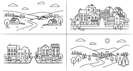 Fototapeta premium Village landscape. Minimalist town views, city house district, daytime landscape with buildings, trees and hills vector illustration set. Town and village landscape view, house building