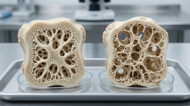 Bone degeneration study: normal density, osteoporosis impact, compact marrow, porous frame, cellular alteration, fragility risk, medical concept, skeletal condition.