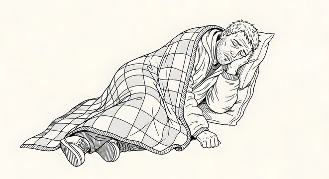 Line Art Illustration of a Tired Person Sleeping Peacefully Under a Plaid Blanket with a Pillow on the Floor
