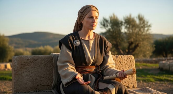 Biblical Israelite guide: Deborah hero, Israel Judge, prophetess woman, Lapidoth wife, divine messenger, sacred scroll, ancient era, wise counsel, Book wisdom, fourth leader.