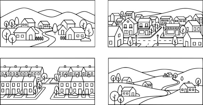Village landscape. Minimalist town views, city house district, daytime landscape with buildings, trees and hills vector illustration set. Town and village landscape view, house building