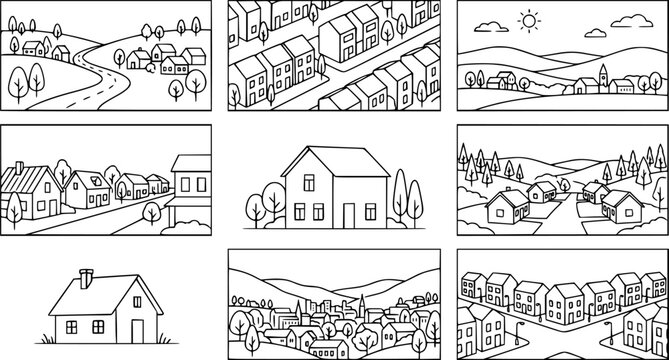 Village landscape. Minimalist town views, city house district, daytime landscape with buildings, trees and hills vector illustration set. Town and village landscape view, house building