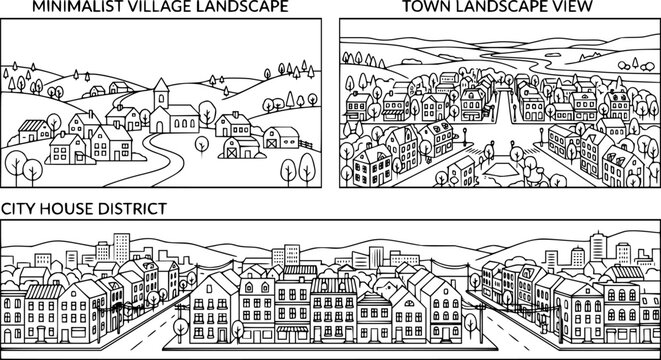 Village landscape. Minimalist town views, city house district, daytime landscape with buildings, trees and hills vector illustration set. Town and village landscape view, house building