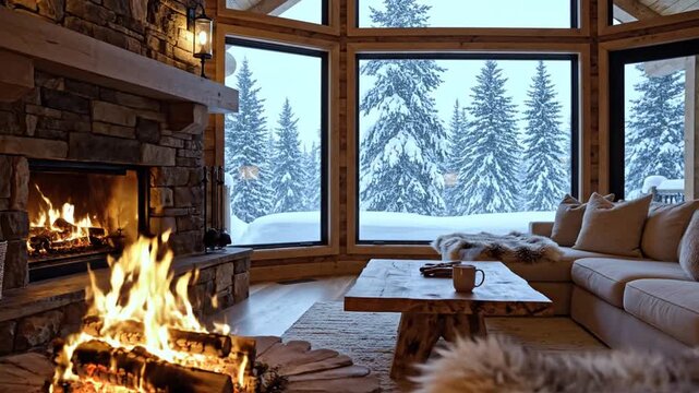 Cozy cabin interior featuring large stone fireplace with burning fire, panoramic windows viewing snowy pine forest, rustic wood walls, fur throw blankets on sofa, and coffee mug.