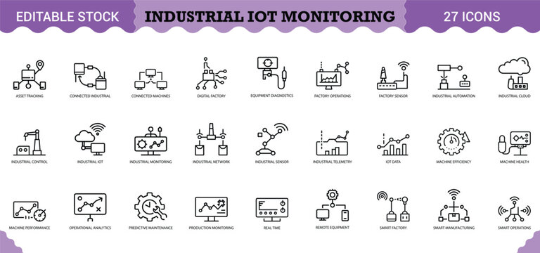 PrintIndustrial IoT Monitoring Icon Set - 27 Editable Vector Icons for Smart Factory & Automation. Features asset tracking, connected machines, equipment diagnostics, factory sensors, industrial telem
