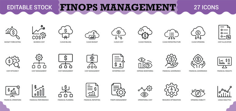 PrintFinOps Management Icon Set - 27 Editable Vector Icons for Cloud Cost & Financial Operations. Includes budget forecasting, cloud billing, cost allocation, resource optimization, expense monitoring
