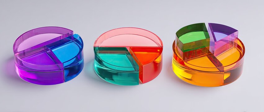 Three colorful pie chart models made of translucent acrylic on a light gray background.