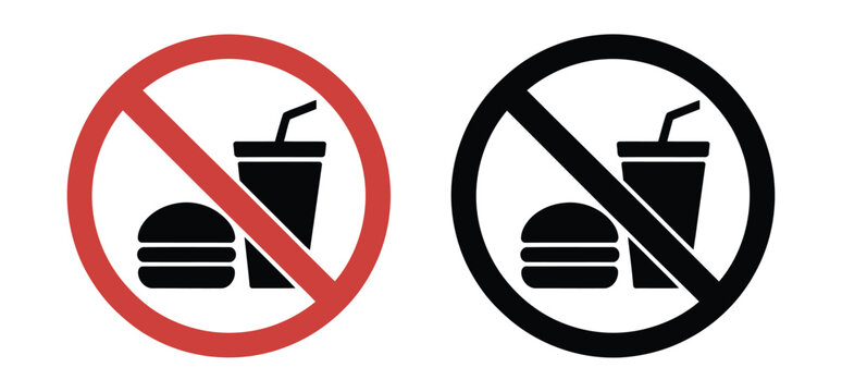 No food and drink sign icons, vector set of red and black prohibition symbols for restriction, warning, and public safety signage design in restaurants, offices, transport, and public spaces