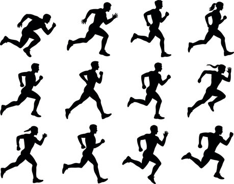 Collection of diverse male and female runner silhouettes in various dynamic running poses