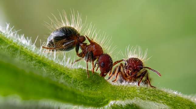 Two ants on a green leaf.