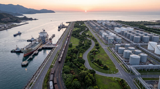 Industrial Port and Fuel Storage Facility at Dawn with Ships and Tankers