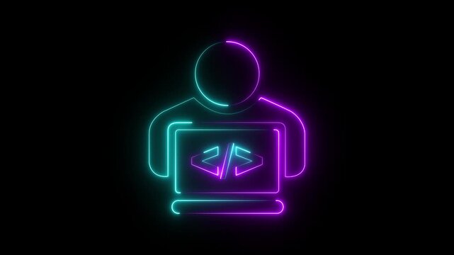 Glowing neon cyan and pink color programmer icon animation on black background. representing programming user coding or software development. animation
