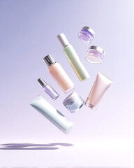 Obraz premium Floating pastel skincare and beauty product set with creams, serums and lotion bottles for luxury branding