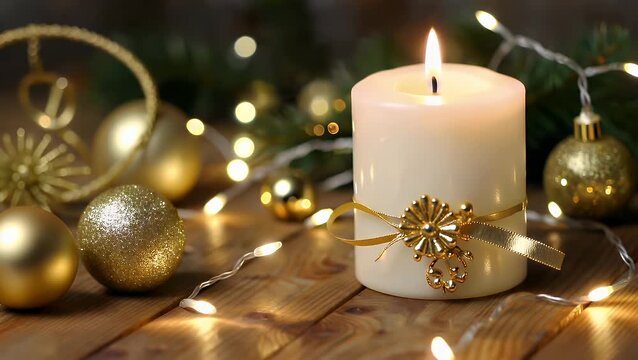 A bright white flame on a burning wax taper adorned with festive decorative elements and surrounded by softly blurred out of focus string lights resting atop a surface of timber.