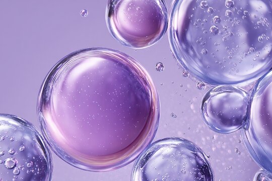 Macro purple oil bubbles floating in transparent liquid for abstract cosmetic background