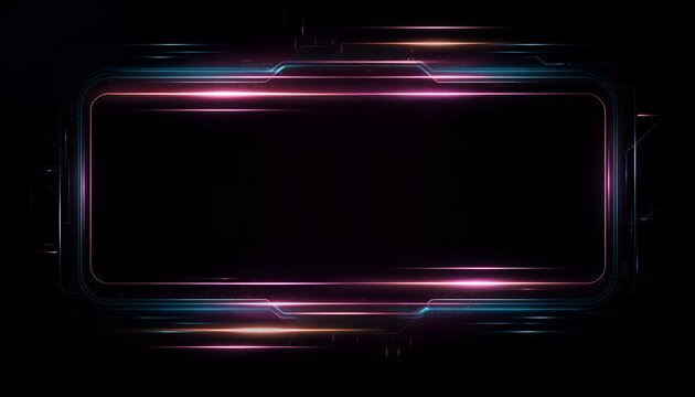 A futuristic neon-lit rectangle with pink and blue lines glows in the darkness of a digital interface or technological device screen