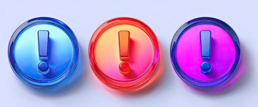 Three colorful glass exclamation mark icons representing alerts or warnings.