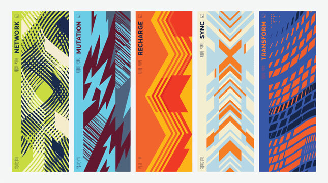Abstract geometric jersey patterns, set of 5 sports apparel textures, dynamic racing graphics for sublimation, modern athletic apparel design