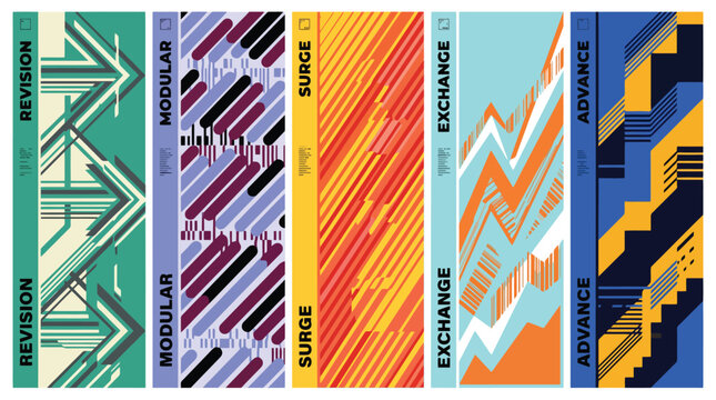 Abstract geometric jersey patterns, set of 5 sports apparel textures, dynamic racing graphics for sublimation, modern athletic apparel design