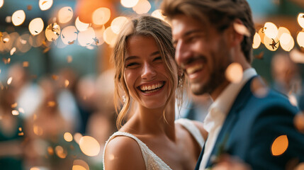 Fototapeta premium A wide shot of a gorgeous bride and stylish groom dancing softly under calm golden confetti at a bright reception first dance open faces bright interior evening workspace