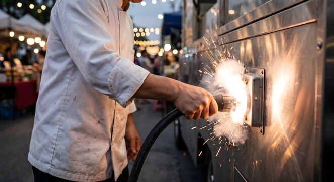 Chef connects food truck power cable sparks fly bright light from electrical outlet outdoor night market.