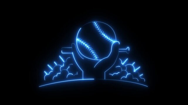 glowing neon hand Baseball, bat and cloud frame icon isolated with black background. neon baseball softball sport icon. animation
