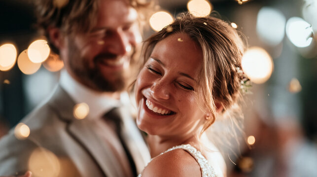 A wide shot of a gorgeous bride and stylish groom dancing softly under calm golden confetti at a bright reception first dance open faces bright interior evening workspace