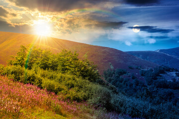 Obraz premium carpathian mountain landscape. travel ukraine on summer solstice. slopes mountain ridge in august at twilight. wonderful carpathian adventure with sun and moon on epic sky