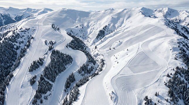 Aerial view of groomed ski slopes winding through snow-covered mountains and pine trees