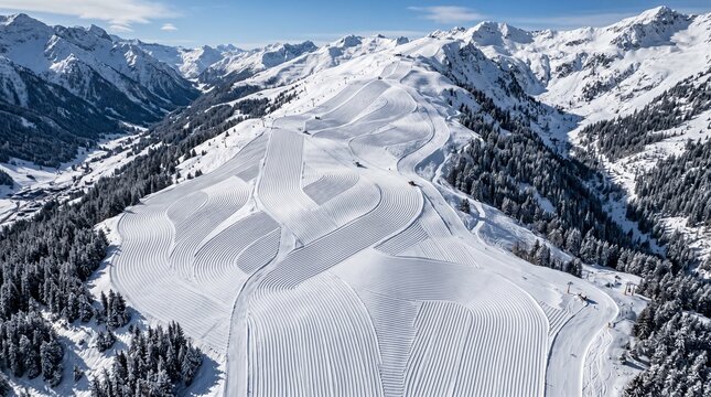 Aerial view of groomed ski slopes in a snowy mountain valley with pine trees