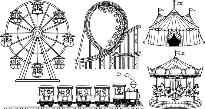 Amusement park. Circus festival tent, roller coaster, train, ferris wheel and carnival carousel. Kids entertainment park vector illustration. Rollercoaster entertainment, train and festival carnival