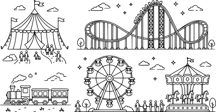 Amusement park. Circus festival tent, roller coaster, train, ferris wheel and carnival carousel. Kids entertainment park vector illustration. Rollercoaster entertainment, train and festival carnival