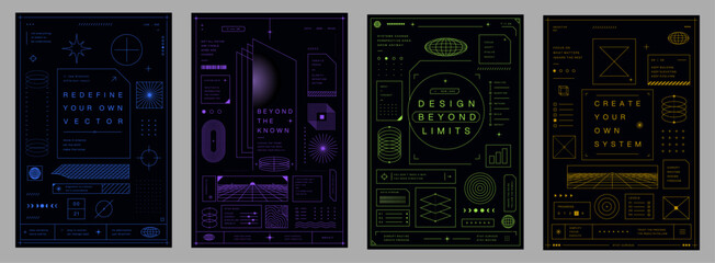 Futuristic cyberpunk Y2K typography posters with HUD interface graphics techwear aesthetics sci fi layouts and brutalist design © Lil