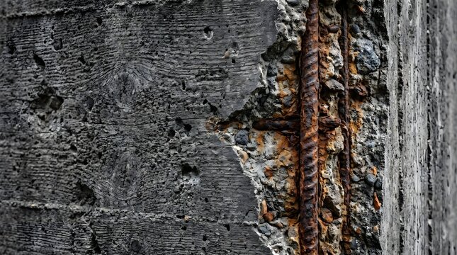 Rusty rebar, exposed concrete, damaged wall, industrial texture