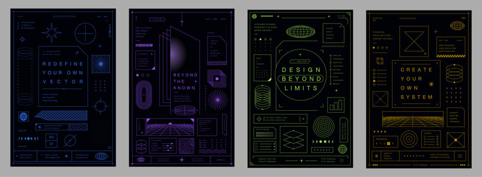 Futuristic cyberpunk Y2K typography posters with HUD interface graphics techwear aesthetics sci fi layouts and brutalist design