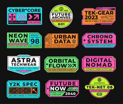 Y2K cyberPunk sticker patch collection with techwear labels futuristic streetwear badges and sci fi typography elements