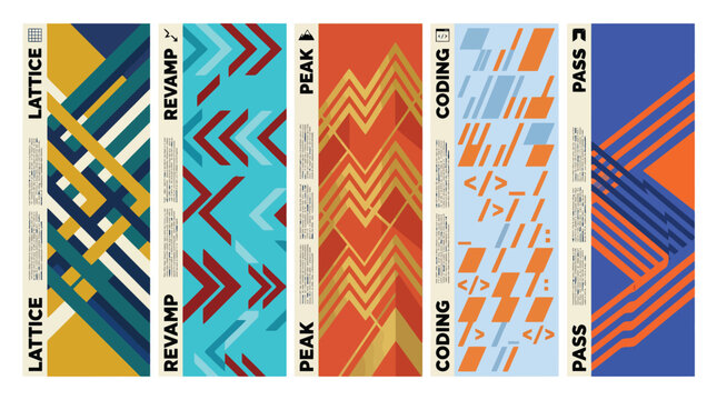 Abstract geometric vertical banners set, modern graphic patterns for web and print, colorful lattice and coding design elements