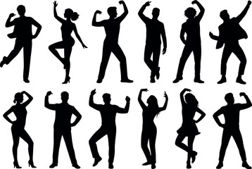 Fototapeta premium Silhouettes of dancing men and women captured in various energetic poses against a white background