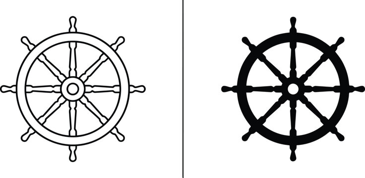 Two distinct ship wheels shown side by side one in outline and the other in solid black silhouette