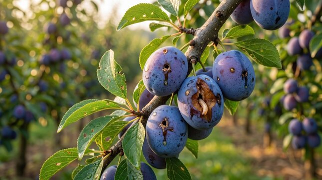 Plums affected by worm infestation in a fruit orchard, representing agricultural pest damage, fruit quality issues, crop losses and plant health problems