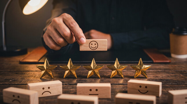 Hand placing a wooden block with a smile icon for five stars