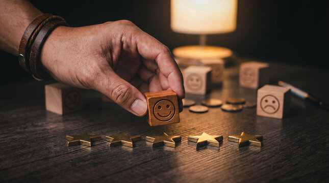 Hand choosing a happy wooden block with a smile face icon