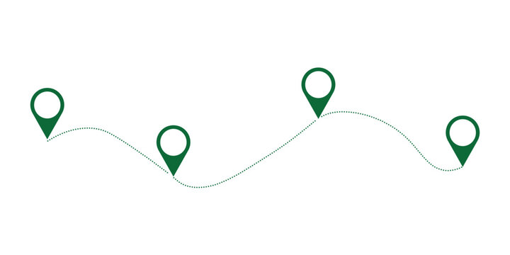 Minimalist map route with green location pins, curved path line with four navigation points, simple journey timeline vector, travel itinerary and logistics tracking illustration