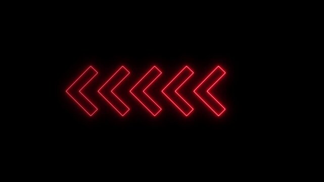 Glowing neon light animated traffic directional arrows sign. Left arrow for road direction. Flashing direction indicators .black  4k