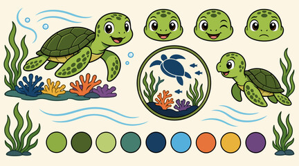 Cartoon Sea Turtles Swimming in Ocean Scene. © Muhammad